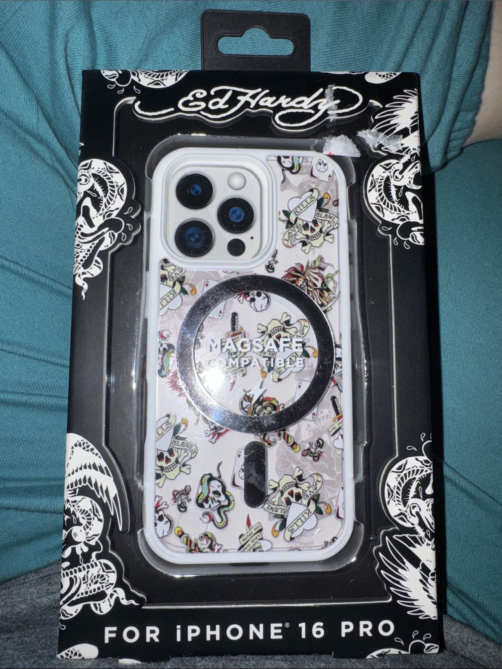 Ed Hardy White Tattoo-Print MagSafe Case for iPhone 16 Pro